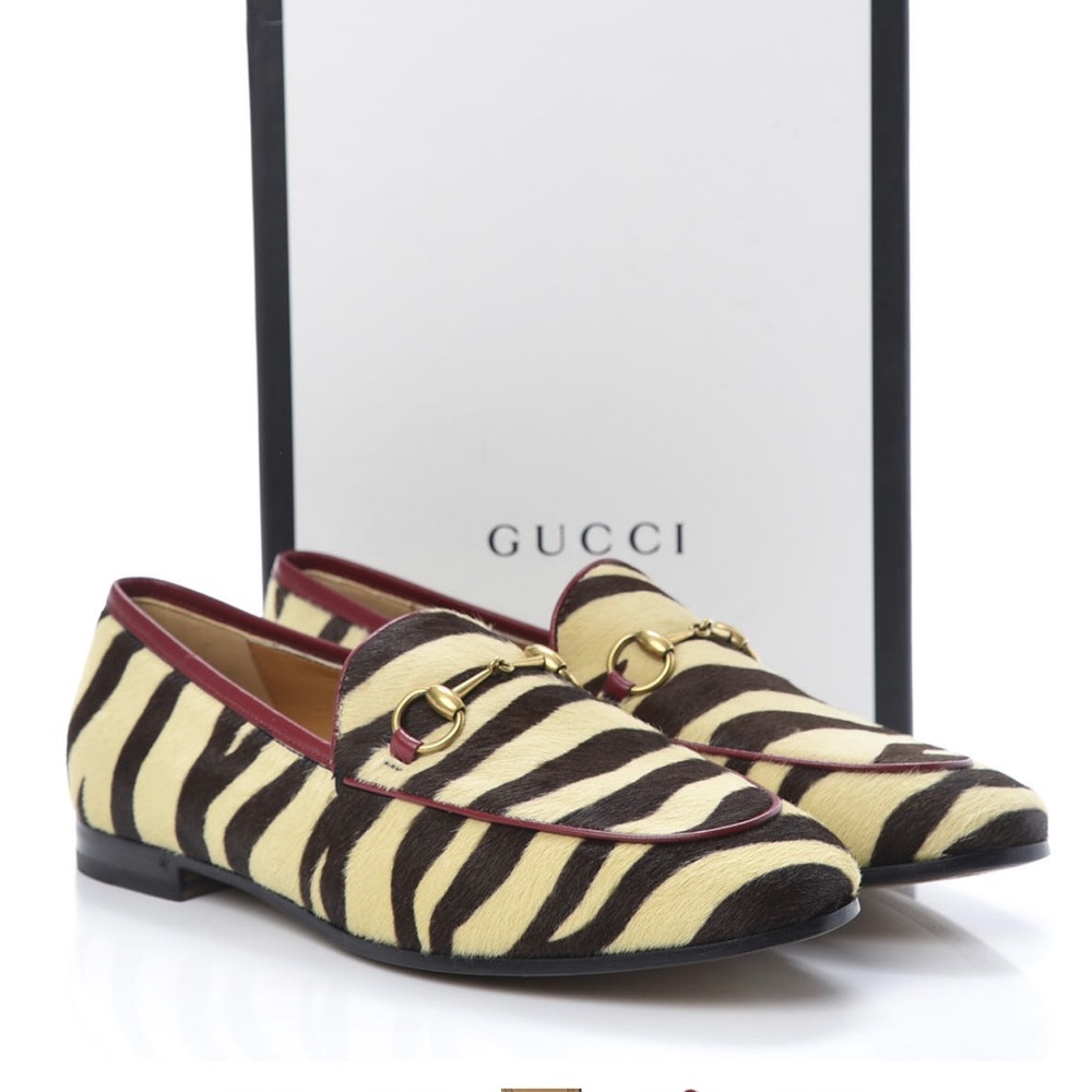GUCCI Calf Hair Zebra Print Womens Jordaan Loafers size 39.